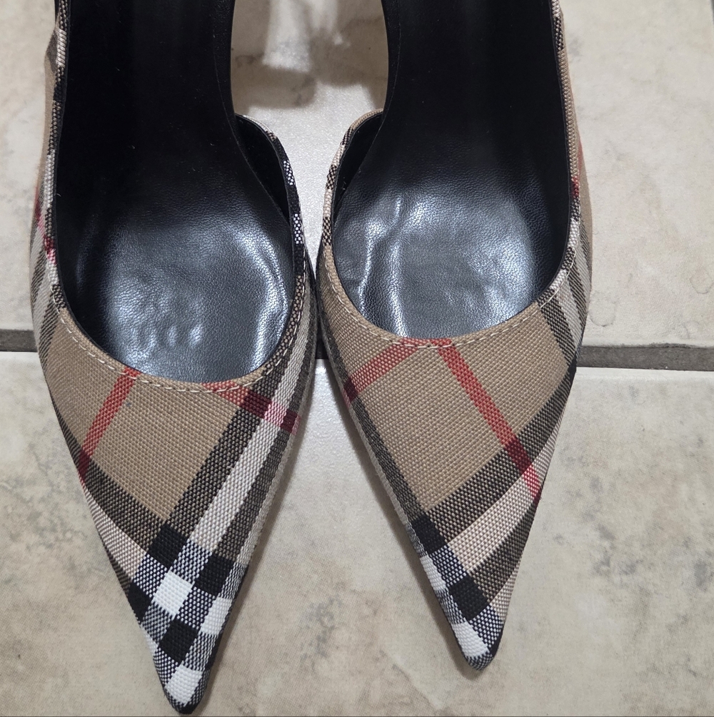 NWOT! Burberry Checked Pointed-Toe Slingback Pumps in Beige and Black